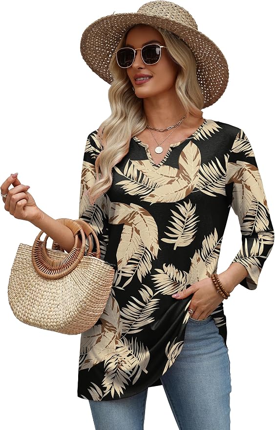 OFEEFAN Summer Boho Tops For Women 3/4 Length Sleeve Womens Tops Vacation Outfits