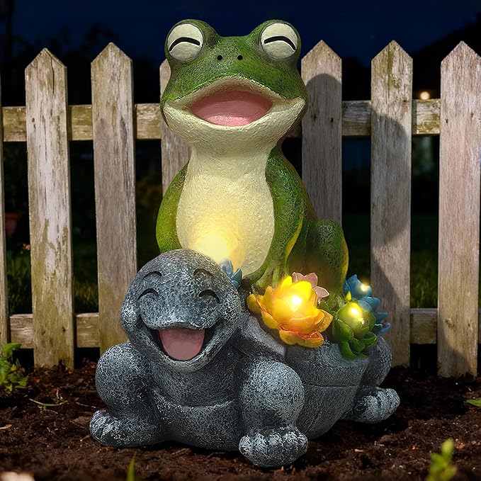 Solar Turtle Frog Garden Statue - Happy Turtle Frog Statue with LED Succulent,Garden Gifts,Outdoor Statues Decoration for Patio Backyard Yard Lawn Ornament,Birthday Gifts for Women Mom Grandma