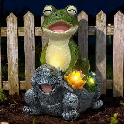 Solar Turtle Frog Garden Statue - Happy Turtle Frog Statue with LED Succulent,Garden Gifts,Outdoor Statues Decoration for Patio Backyard Yard Lawn Ornament,Birthday Gifts for Women Mom Grandma