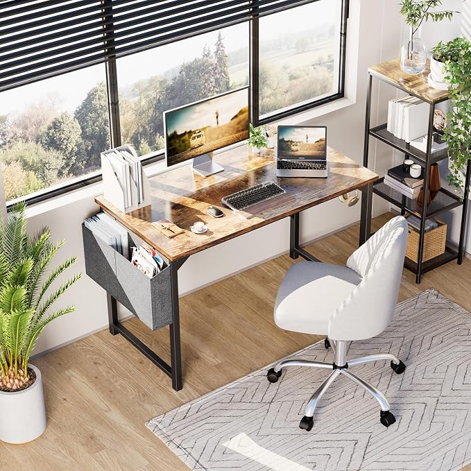 OLIXIS 47 Inch Computer Office Desk for Small Spaces, Writing Gaming Work Desk Modern Study Table with Storage Bag & Headphone Hook Home Bedroom, Rustic Brown | Computer Gaming Writing Workstation, Small Spaces for Home Bedroom, Rustic Brown