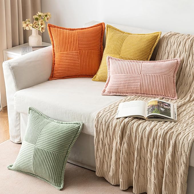MIULEE Fall Orange Decorative Throw Pillow Covers for Couch Bed Livingroom 20x20 Inch Set of 2 Boho Accent Throw Pllows Broadside Striped Patchwork Soft Corduroy Pillowcases