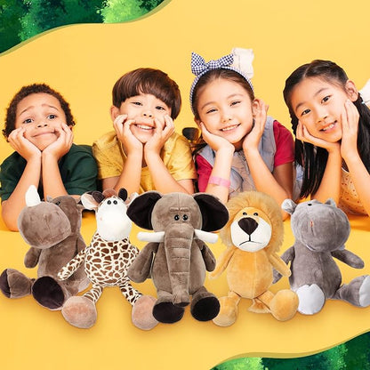 HyDren 10 Pieces 9 Inches Safari Stuffed Animals Set and Elephant Giraffe Lion Tiger Monkey Rhinoceros Zebra Leopard Hippo for Shower Jungle Animal(Classic)