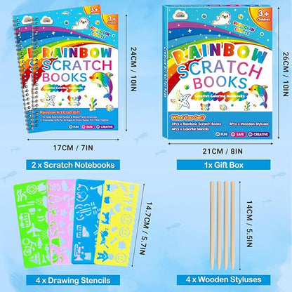 ZMLM Scratch Paper Art Craft: 2 Pack Rainbow Scratch Set for 3 4 5 6 7 8 9 10 Years Old Girls Boys Students Drawing Coloring Black Magic Art Supplies Kits Gifts School Birthday Party Toys (Ocean)