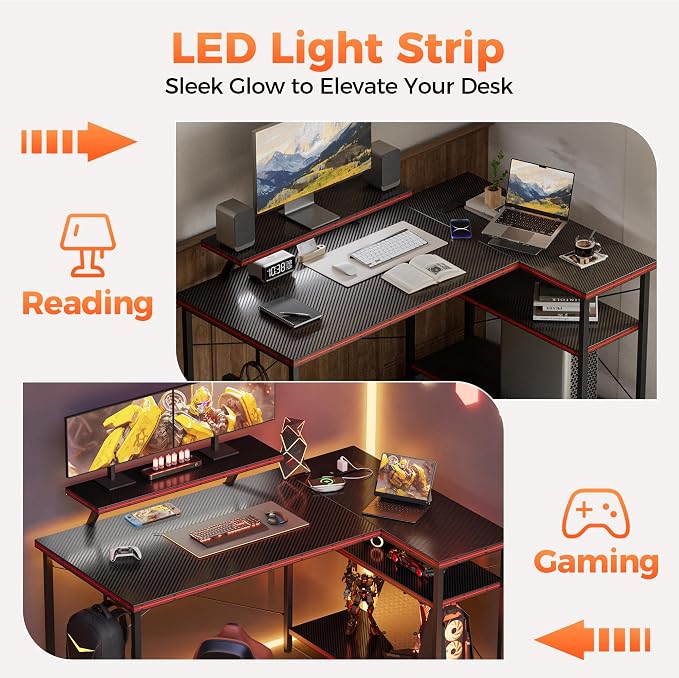 Mericonia 40 in Corner Desk with Monitor Stand, Small L Shaped Gaming Desk | Reversible Computer Desk with Power Outlets, LED Light & Storage Shelves, Office Table for Home Bedroom Study Work Writing