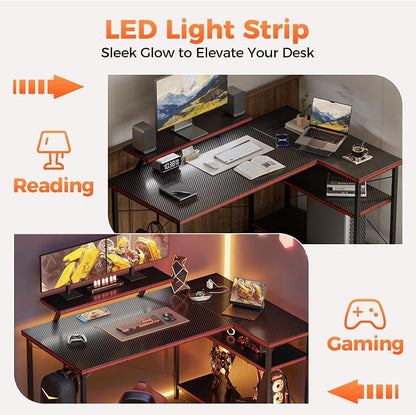 Mericonia 40 in Corner Desk with Monitor Stand, Small L Shaped Gaming Desk | Reversible Computer Desk with Power Outlets, LED Light & Storage Shelves, Office Table for Home Bedroom Study Work Writing