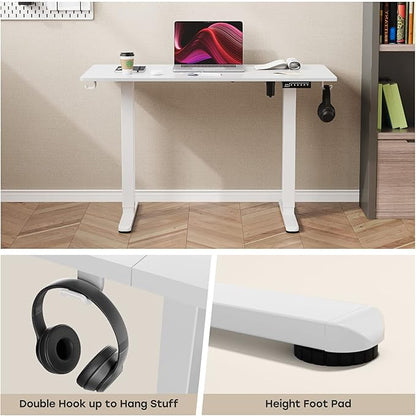 White Standing Desk, 48 X 24 Inch Adjustable Height Electric Desk, Sit Stand Desk with Splice Board and 2 Hooks, Ergonomic Rising Desk for Home Office