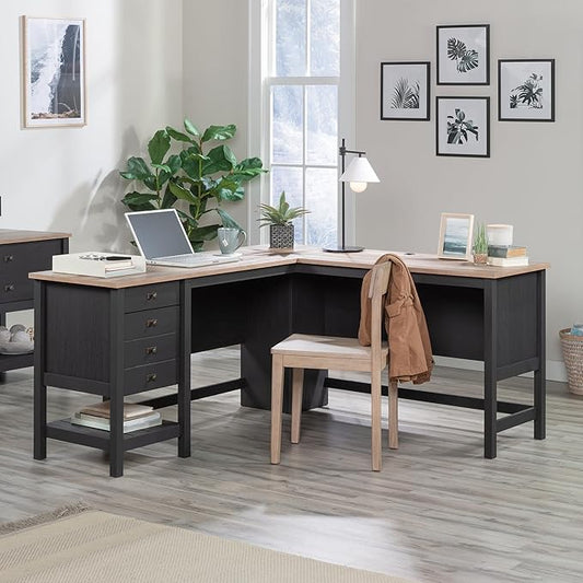 Sauder Cottage Road L-Desk, L: 65.12" x W: 58.66" x H: 29.76", Raven Oak Finish