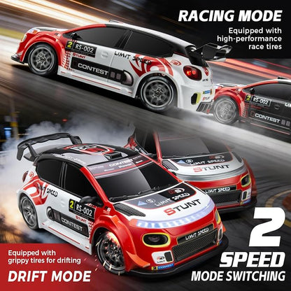 RC Drift Car, 1/24 Remote Control Drift Car for Adults Kids, 20KM/H 4WD Low/High Speed RC Cars with LED Lights, Extra Drifting Tires, Vehicle for Boys Girls Beginners Indoors Outdoors Red