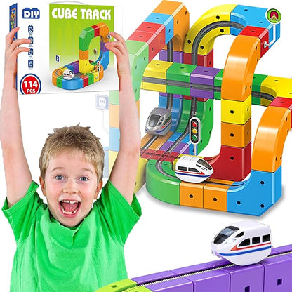 Electric Train Set Flexible Race Track Toys for 3 4 5 6 7 8 Years Old Boys and Girls, Building Toy Train Track Gravity-Defying 3D Embedded Layouts & Motorized Car, STEM Gift(Builder Set(114 Piece))
