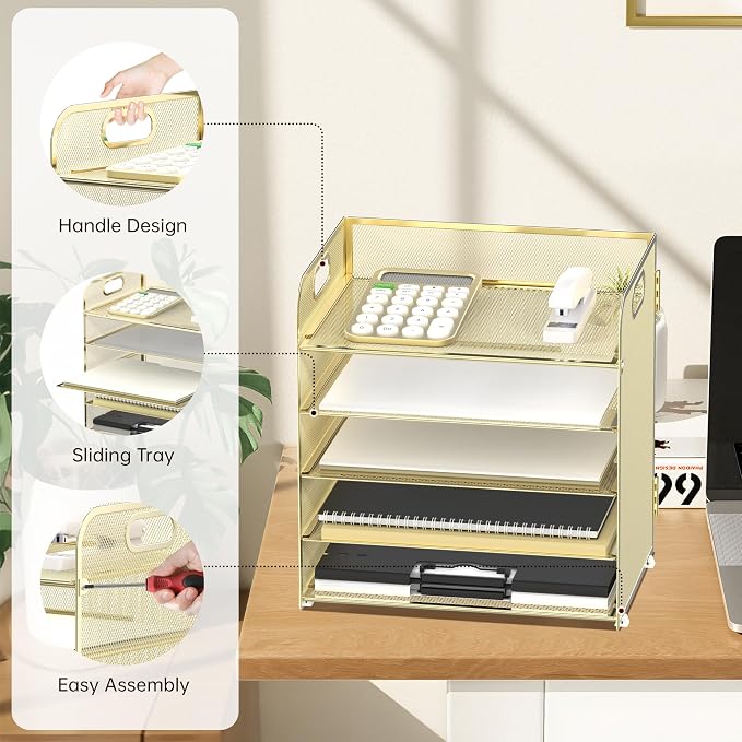 Supeasy 5 Trays Paper Organizer Letter Tray with Handle-Mesh Desk File Organizer, Paper Sorter Desk Organizer for Office, Home or School (Golden)