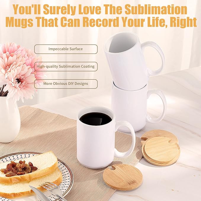 RAINBOWTIE Sublimation Mugs 15oz with Bamboo Lid, 12PCS Tazas Para Sublimar | Ceramic Coffee Cup set for gifts,Latte, Soup, Milk, Cocoa,juice, milk