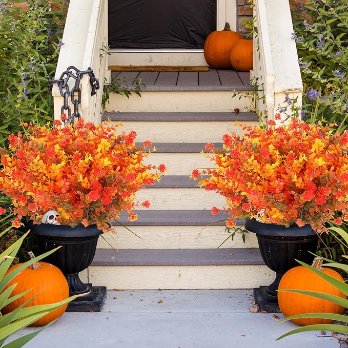 AGIRL 12 Bundles Artificial Fall Flowers Outdoor Indoor Decoration,No Fade Autumn Fake Plastic Plants with Eucalyptus Leaves,Faux Mums for Thanksgiving Garden Front Door Porch Patio Fall Decor