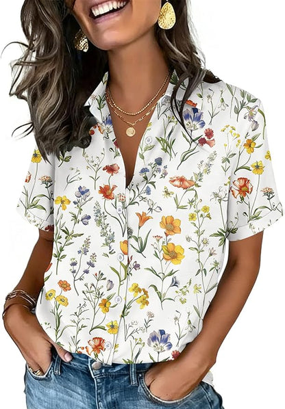 Zeagoo Button Down Shirts for Women Short Sleeve Collared Tops Dressy Casual V Neck Blouses