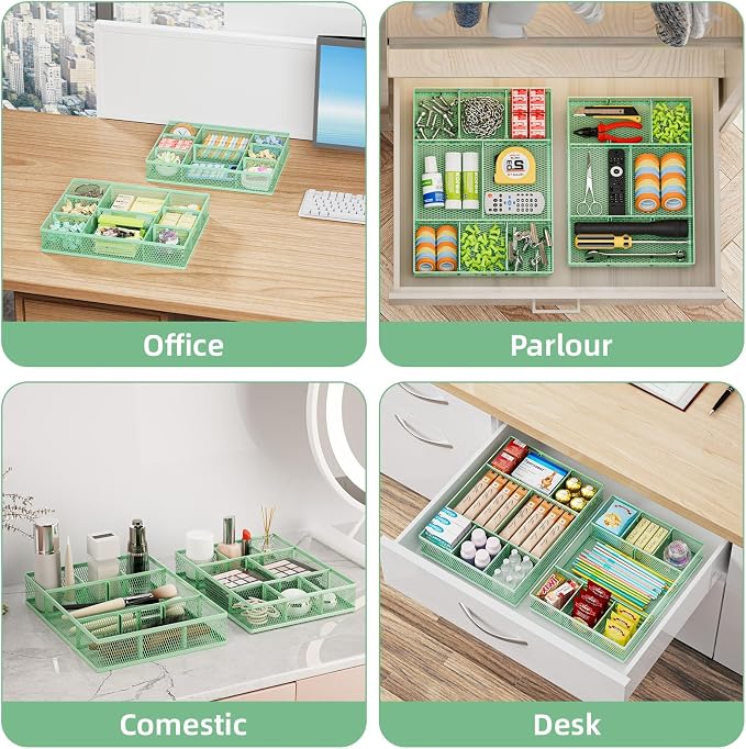 Marbrasse 2 Pack Desk Drawer Organizer, Mesh Drawer Organizer Tray with 8 Adjustable Compartments, Desk Organizers and Accessories, 5 Dividers Drawer for Office Supplies, Makeup & Vanity (Green)