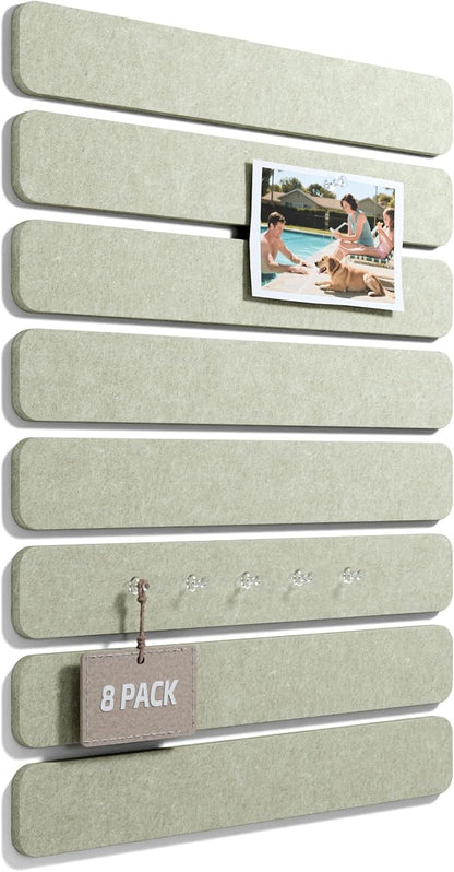 Fluxynara 13" x 2" Felt Wall Panels, Sage | 8-Pack Includes 50 Push Pins and Adhesive Tabs for Photos, Notes and Decor in Bedroom Doors, Home Office or Studios