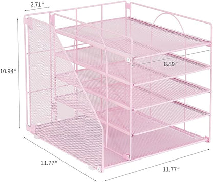 LEKETREE Desk Organizers and Accessories, 5-Tier Paper Letter Tray Organizer with File Holder, Desktop Organizer for Office Supplies (Pink)