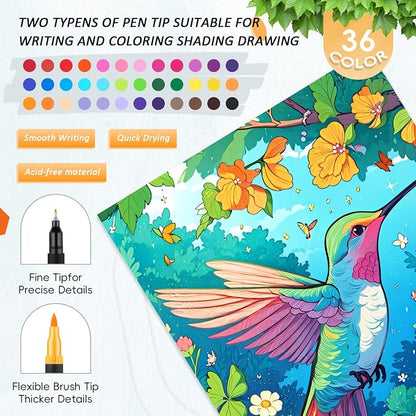 3Pcs Adult Coloring Book for Women Relaxation, 36 Colors Markers with Spiral Bound Adult Coloring Book for Women, 36 Dual Tip Colors Markers, Anxiety Relief Mindfulness Gifts(Ocean & Bird & Butterfly)