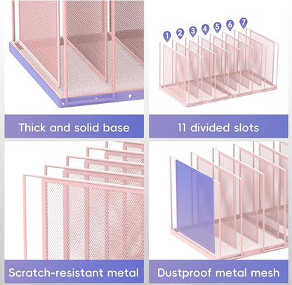 File Organizer for Desk, 7-Section Vertical File Sorter, Paper Holder Organizer Standing Metal File Folder for Office Home Classroom, Pink