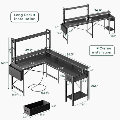 L Shaped Desk Computer Desk with LED Lights & Power Outlets, Gaming Desk with Storage Shelves, Corner Desk Home Office Desks for Bedroom, Carbon Fiber Black