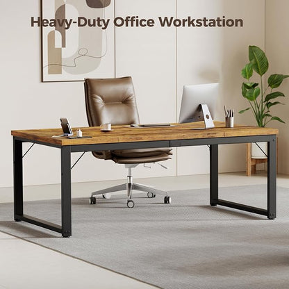 Mericonia 63 Inch Computer Desk with Power Outlets, 1.2" Thick Office Table | Modern Simple Style, Heavy Duty Industrial Frame, Large Study & Writing Table for Home Bedroom Work, Brown