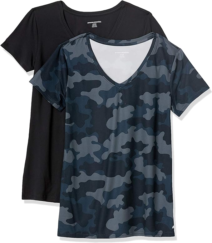 Amazon Essentials Women's Active Quick Dry Tech Stretch Short-Sleeve V-Neck T-Shirt (Available in Plus Size), Pack of 2