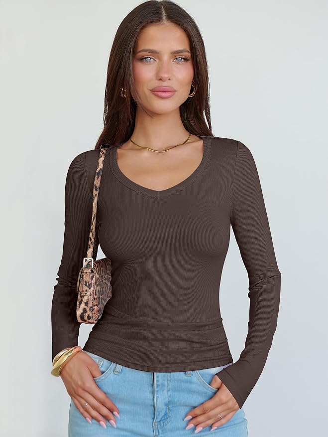 ANRABESS Long Sleeve V Neck Shirts for Women | Soft Comfy Ribbed Knit Fitted Tshirts, Casual Going Out Tops, 2026 Trendy Basic, Fall Winter Underscrub Layering Clothes