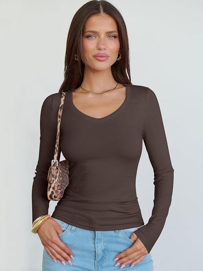 ANRABESS Long Sleeve V Neck Shirts for Women | Soft Comfy Ribbed Knit Fitted Tshirts, Casual Going Out Tops, 2026 Trendy Basic, Fall Winter Underscrub Layering Clothes