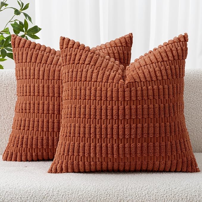 MIULEE Fall Pack of 2 Rust Corduroy Decorative Euro Sham Pillow Covers 24x24 Inch Soft Boho Striped Throw Pillow Covers Modern Farmhouse Home Decor for Sofa Living Room Couch Bed