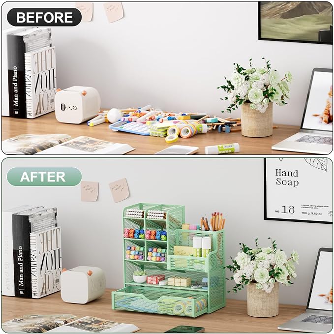 Marbrasse Mesh Pen Holder for Desk, Multi-Functional Pencil Organizer with Drawer, Desk Organizers and Accessories for Office Art Supplies (Green)
