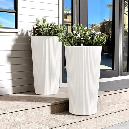 FONTOI 23.6" Tall Planter for Outdoor Plants Set of 2 Large Outdoor Plastic Striped Flower Pots, Front Porch Furniture, Garden Pots, Decorative Planters for Indoor/Outdoor, Patio, Balcony, White