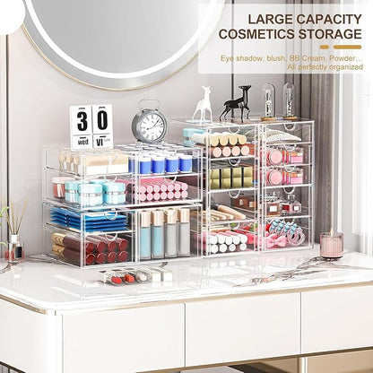 caktraie 4-Pack Acrylic 16-Drawer Storage & Makeup Organizer for Desk | Smooth-glide drawers, clear acrylic, stackable, dustproof, wipe clean, for office supplies, pens, jewelry, makeup