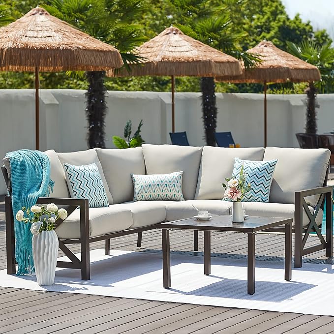 NATURAL EXPRESSIONS 6 Pieces Patio Furniture Sets, Metal Outdoor Sectional Furniture L Shape Patio Conversation Sets,Highback Frame,Metal Table,Large Waterproof Cover, 6.5" Olefin Cushions