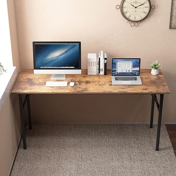 SogesGame Computer Desk, 62 Inch Large Desk Modern Simple Style Folding Tables, Home Office Writing Desk, Space Saving Foldable Table, No Install Needed, Retro Black