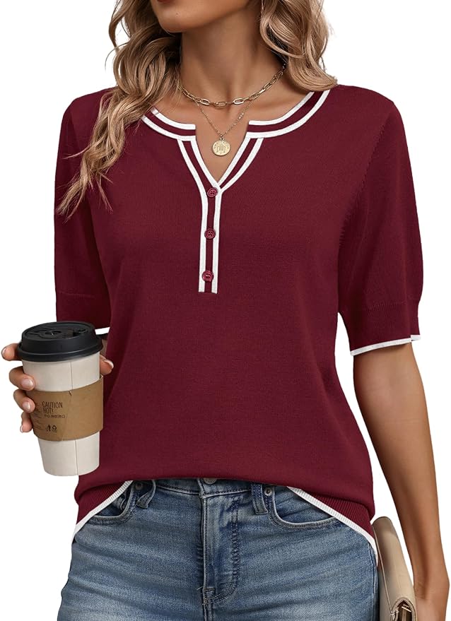 Zeagoo Women's Short Sleeve Sweater 2026 Spring Summer Tops Lightweight Casual V Neck Sweaters Dressy Work Blouses Clothes