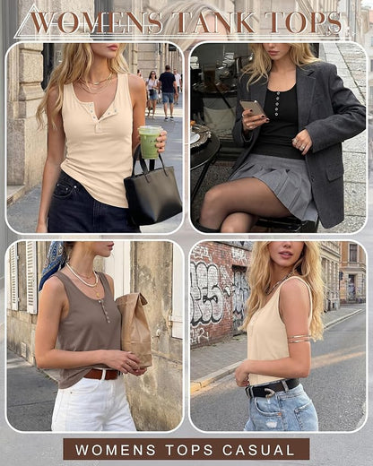 Ficerd 3 Pack Women's Henley Tank Tops Sleeveless Button Down Summer Shirts 2026 Casual Trendy Loose U Neck Tee Blouses