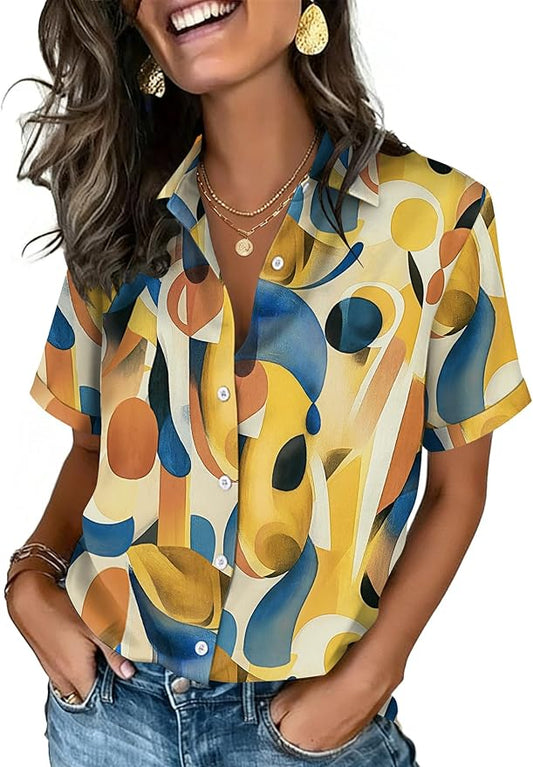 Zeagoo Button Down Shirts for Women Short Sleeve Collared Tops Dressy Casual V Neck Blouses