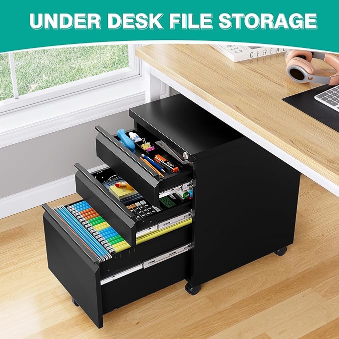 3 Drawer File Cabinet with Lock,Under Desk File Cabinet with Wheels,Black Rolling Filing Cabinets,Three Drawer Metal Filing Cabinet for Home Office,Fit A4/Letter/Legal File,- Assembly Required