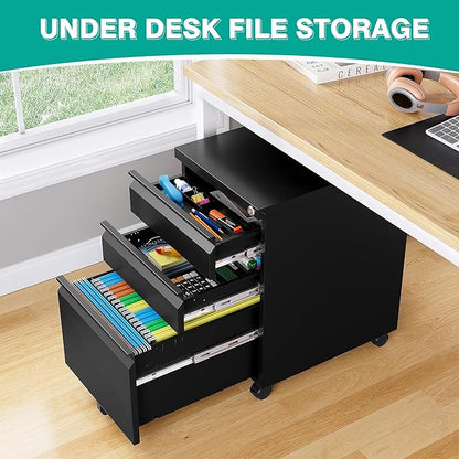 3 Drawer File Cabinet with Lock,Under Desk File Cabinet with Wheels,Black Rolling Filing Cabinets,Three Drawer Metal Filing Cabinet for Home Office,Fit A4/Letter/Legal File,- Assembly Required
