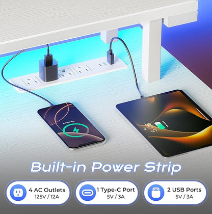 PRAISUN 63 inch Gaming Desk, LED & Power Outlets, Monitor Stand, White | Sturdy PC Desk for Home Office, Study & Work, LED Lights, 4 AC Outlets & USB-C Charging Station
