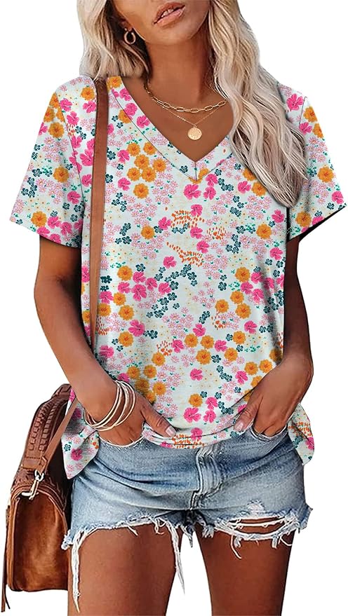 Alaroo Womens Summer Tops 2026 V Neck Short Sleeve Shirts Trendy Dressy Casual Vacation Outfits Printed