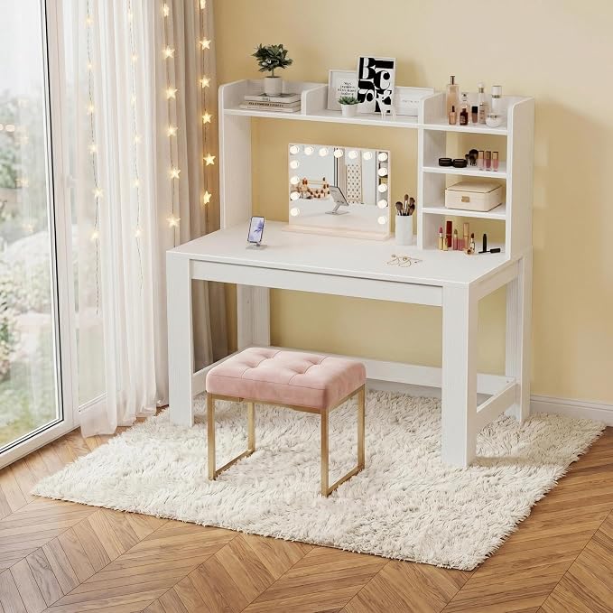 WINAZ White Desk with Hutch and Power Outlet, 43 Inch Small Space Computer Writing Desk with Storage Shelves, Modern Home Office Workstation for Bedroom Dorm