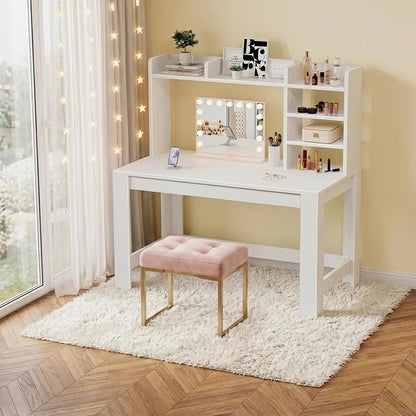 WINAZ White Desk with Hutch and Power Outlet, 43 Inch Small Space Computer Writing Desk with Storage Shelves, Modern Home Office Workstation for Bedroom Dorm
