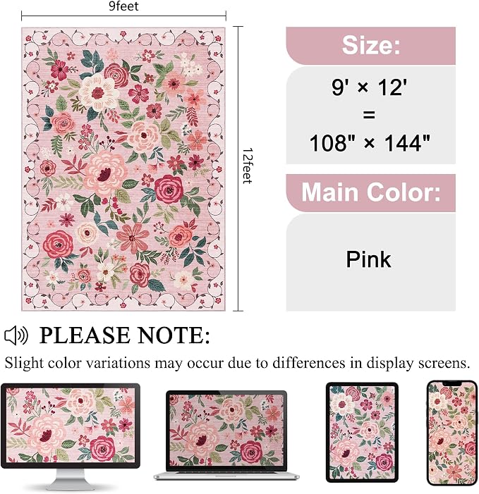 DUKINO 9x12 Area Rug, Floral Rugs for Living Room, Lightweight Non Slip Washable Rug, Indoor Low Pile & Non-Shedding Boho Design Rugs for Bedroom, Living Room, Dining Room, Pink