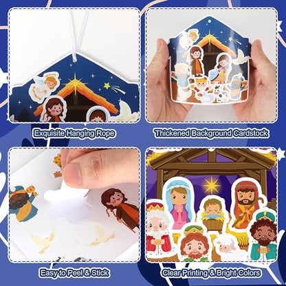PAIVSUN 24Pcs Nativity Craft Sticker, Make a Nativity Scene Stickers DIY Hanukkah Christmas Crafts Kits for Xmas Tree Ornament Classroom Religious Christian Party Game Supplies, 2 Designs