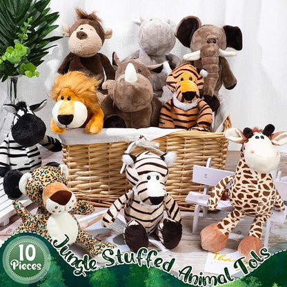 HyDren 10 Pieces 9 Inches Safari Stuffed Animals Set and Elephant Giraffe Lion Tiger Monkey Rhinoceros Zebra Leopard Hippo for Shower Jungle Animal(Classic)