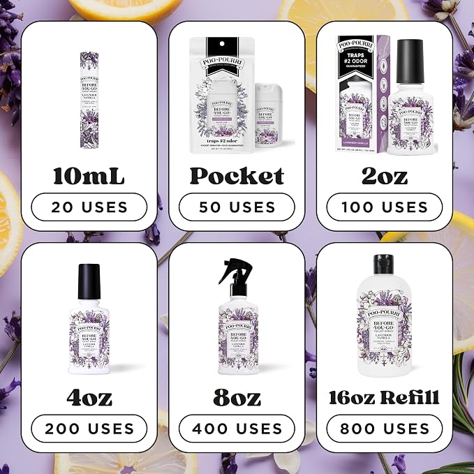 Poo-Pourri Before-You-Go Toilet Spray, Lavender Vanilla, 4 Fl Oz, Up to 200 Uses, Bathroom Odor Deodorizer, Plant-Based with Essential Oils, for Home or Work, Lavender, Vanilla and Citrus Scent