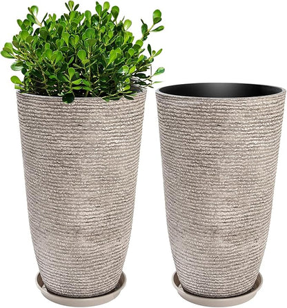 QCQHDU Set of 2 Oversized 9 Gallon Round Planters for Front Door & Patio - 12x21 Inch Tall Outdoor/Indoor Plant Pots with Drainage Tray, Gray Faux Stone Textured Tree Planters for Porch Decor