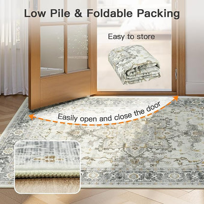 Lofus 8x10 Area Rugs for Living Room, Machine Washable Non-Slip Area Rug, Low Pile Large Rugs for Bedroom, Kitchen, Dining Room, Home Office, Vintage Oriental Print Rug, Taupe Grey