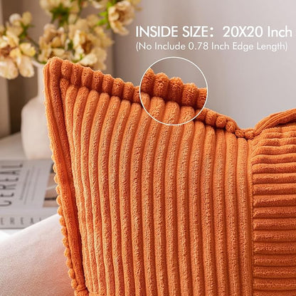 MIULEE Fall Orange Decorative Throw Pillow Covers for Couch Bed Livingroom 20x20 Inch Set of 2 Boho Accent Throw Pllows Broadside Striped Patchwork Soft Corduroy Pillowcases