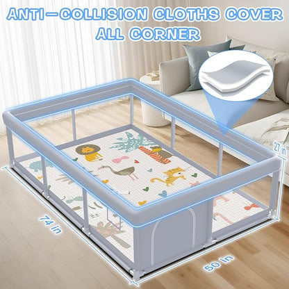 XVISHX Baby Playpen with Mat, 74 x 50 Inch Playpen for Babies and Toddlers, Baby Playard for Indoor & Outdoor Active Center Game Fence, with Skin-Friendly Fabric and Soft Breathable Mesh, Grey